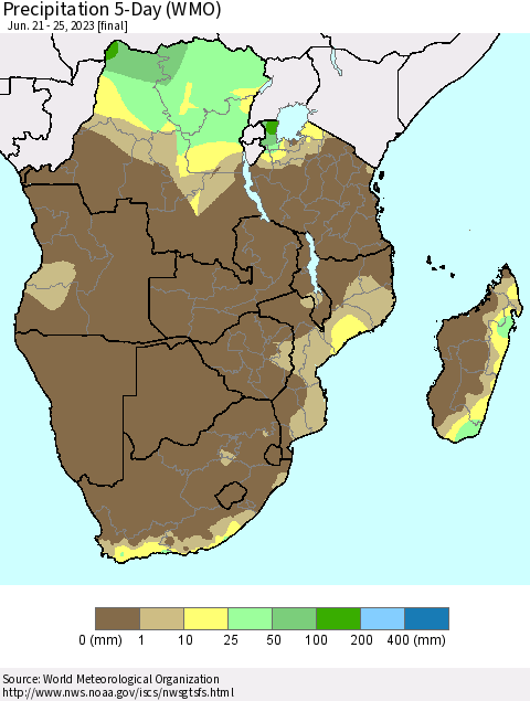 Southern Africa Precipitation 5-Day (WMO) Thematic Map For 6/21/2023 - 6/25/2023