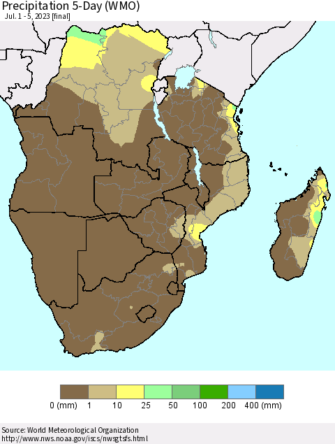 Southern Africa Precipitation 5-Day (WMO) Thematic Map For 7/1/2023 - 7/5/2023
