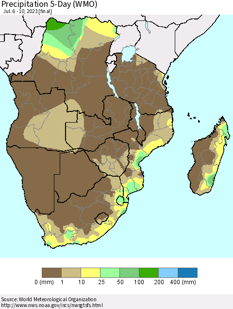 Southern Africa Precipitation 5-Day (WMO) Thematic Map For 7/6/2023 - 7/10/2023