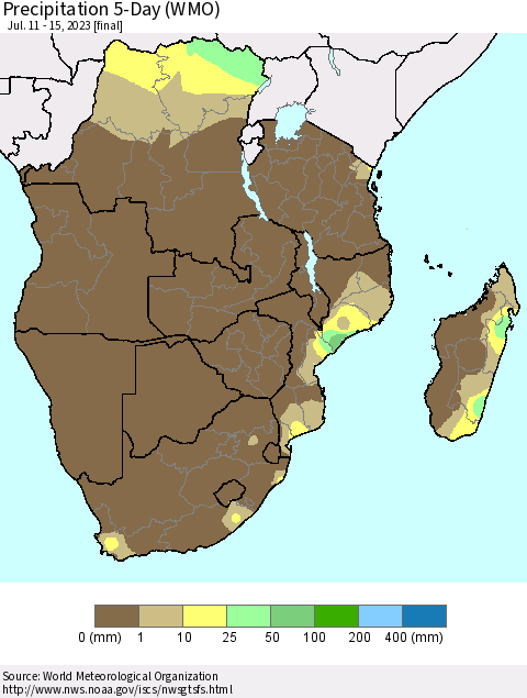 Southern Africa Precipitation 5-Day (WMO) Thematic Map For 7/11/2023 - 7/15/2023