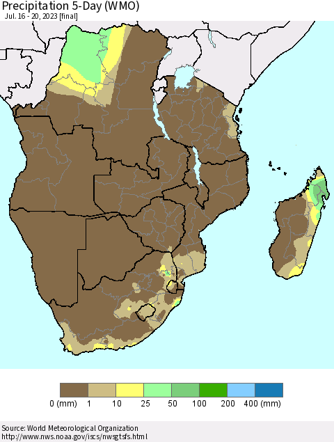 Southern Africa Precipitation 5-Day (WMO) Thematic Map For 7/16/2023 - 7/20/2023