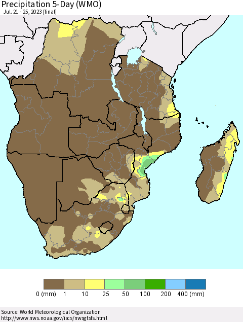 Southern Africa Precipitation 5-Day (WMO) Thematic Map For 7/21/2023 - 7/25/2023