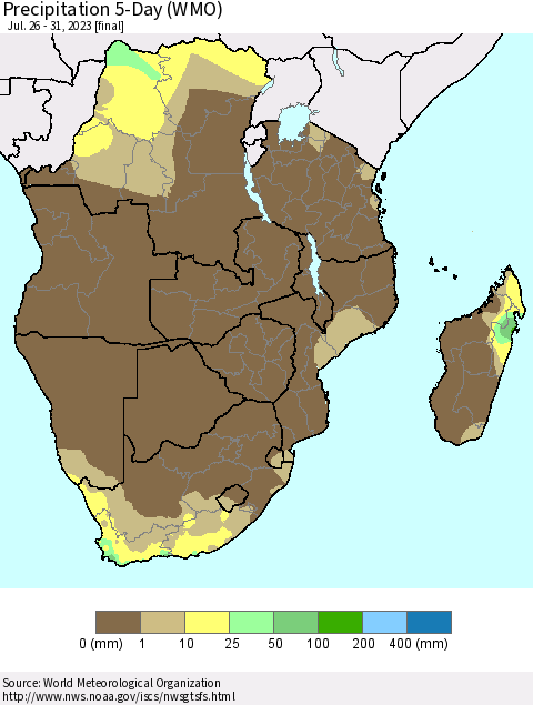 Southern Africa Precipitation 5-Day (WMO) Thematic Map For 7/26/2023 - 7/31/2023