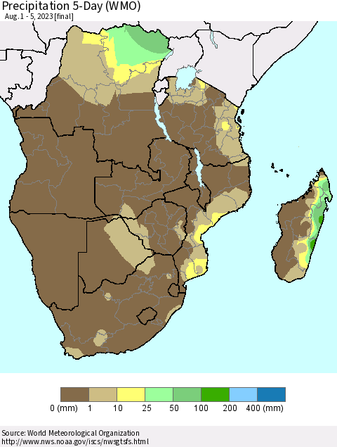 Southern Africa Precipitation 5-Day (WMO) Thematic Map For 8/1/2023 - 8/5/2023