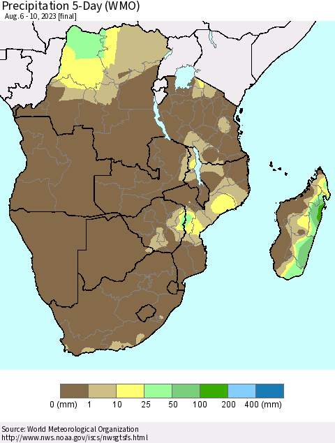 Southern Africa Precipitation 5-Day (WMO) Thematic Map For 8/6/2023 - 8/10/2023