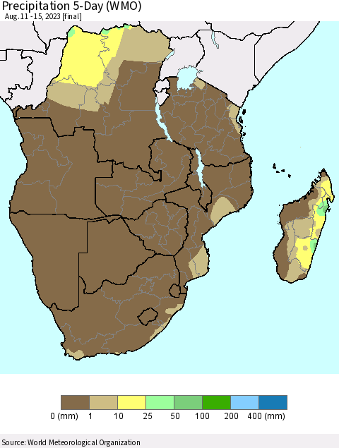 Southern Africa Precipitation 5-Day (WMO) Thematic Map For 8/11/2023 - 8/15/2023