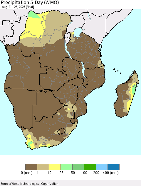 Southern Africa Precipitation 5-Day (WMO) Thematic Map For 8/21/2023 - 8/25/2023