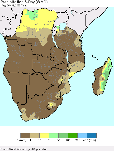 Southern Africa Precipitation 5-Day (WMO) Thematic Map For 8/26/2023 - 8/31/2023