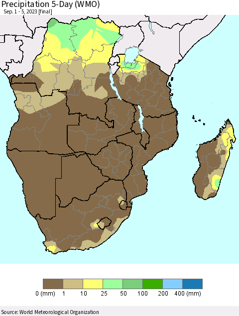 Southern Africa Precipitation 5-Day (WMO) Thematic Map For 9/1/2023 - 9/5/2023