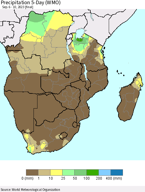 Southern Africa Precipitation 5-Day (WMO) Thematic Map For 9/6/2023 - 9/10/2023
