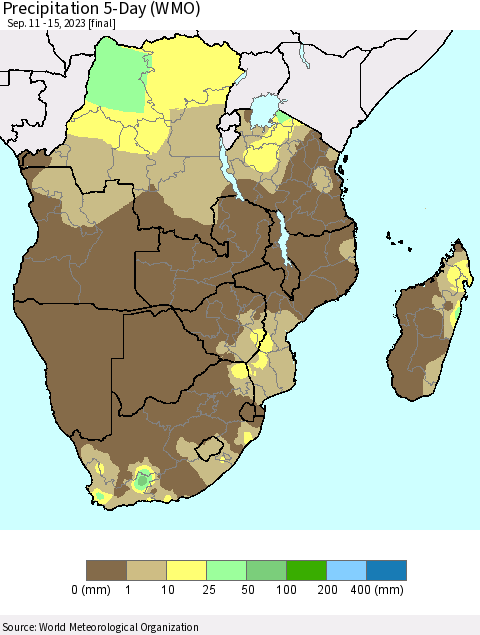 Southern Africa Precipitation 5-Day (WMO) Thematic Map For 9/11/2023 - 9/15/2023
