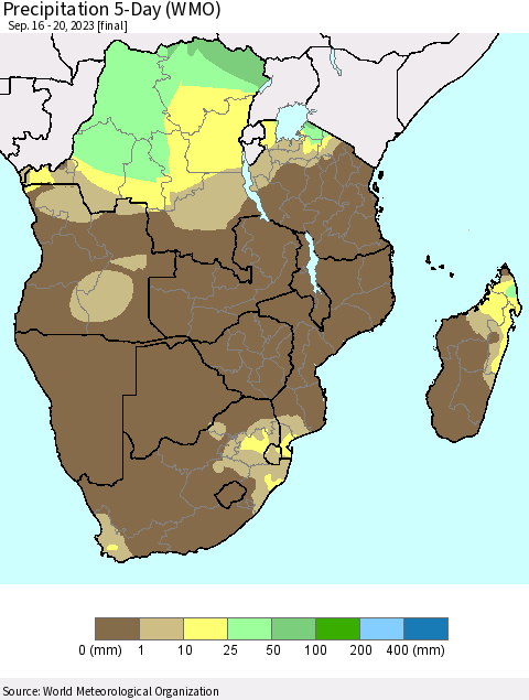 Southern Africa Precipitation 5-Day (WMO) Thematic Map For 9/16/2023 - 9/20/2023