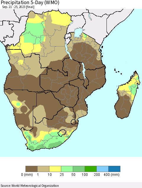 Southern Africa Precipitation 5-Day (WMO) Thematic Map For 9/21/2023 - 9/25/2023
