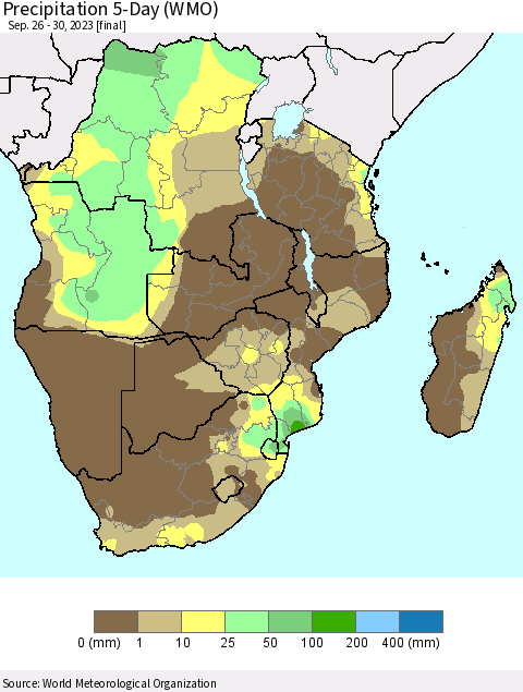 Southern Africa Precipitation 5-Day (WMO) Thematic Map For 9/26/2023 - 9/30/2023