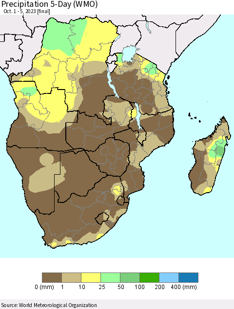 Southern Africa Precipitation 5-Day (WMO) Thematic Map For 10/1/2023 - 10/5/2023