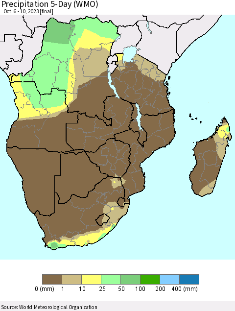 Southern Africa Precipitation 5-Day (WMO) Thematic Map For 10/6/2023 - 10/10/2023