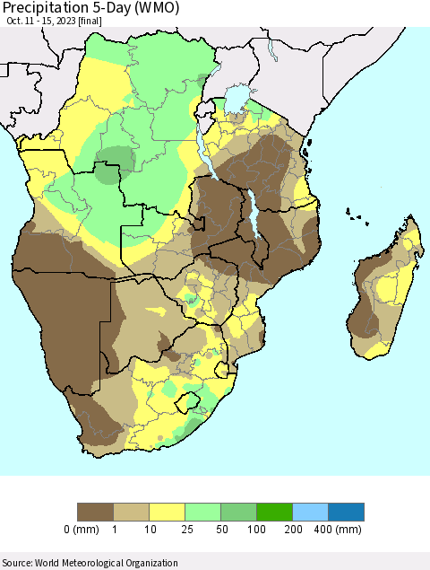 Southern Africa Precipitation 5-Day (WMO) Thematic Map For 10/11/2023 - 10/15/2023