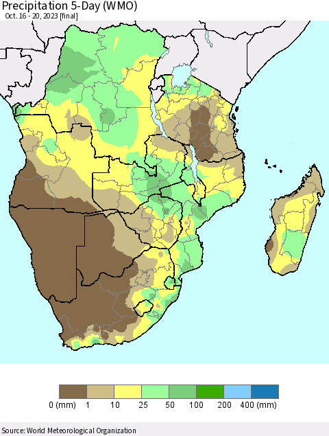 Southern Africa Precipitation 5-Day (WMO) Thematic Map For 10/16/2023 - 10/20/2023