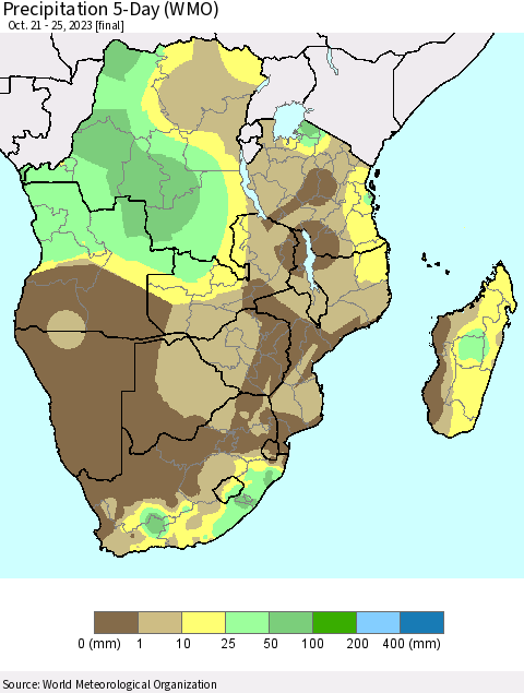 Southern Africa Precipitation 5-Day (WMO) Thematic Map For 10/21/2023 - 10/25/2023