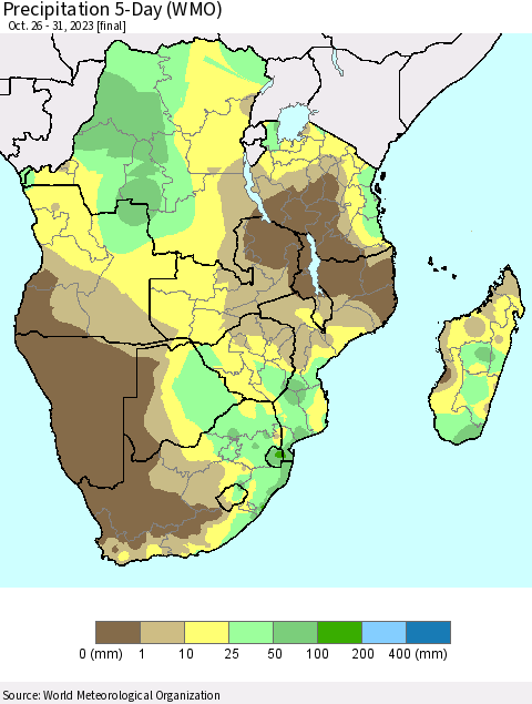 Southern Africa Precipitation 5-Day (WMO) Thematic Map For 10/26/2023 - 10/31/2023