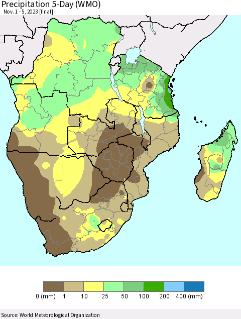 Southern Africa Precipitation 5-Day (WMO) Thematic Map For 11/1/2023 - 11/5/2023