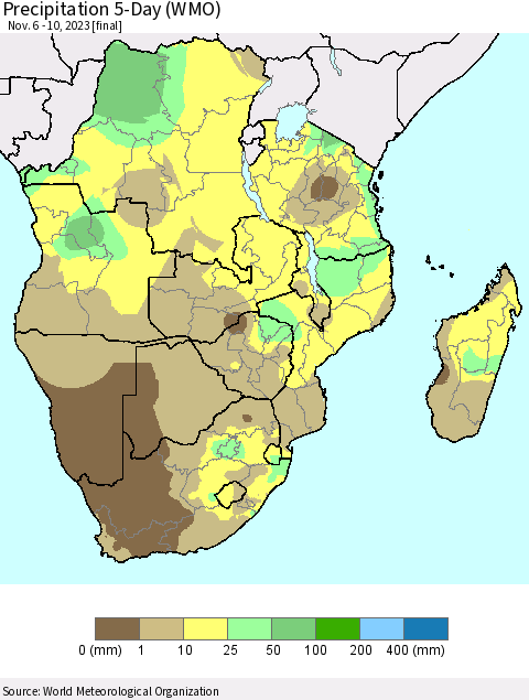 Southern Africa Precipitation 5-Day (WMO) Thematic Map For 11/6/2023 - 11/10/2023