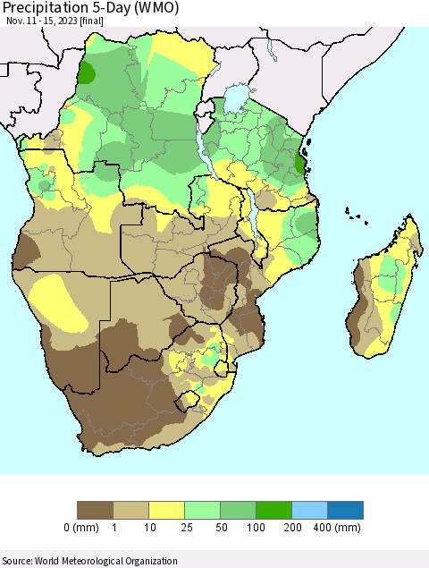 Southern Africa Precipitation 5-Day (WMO) Thematic Map For 11/11/2023 - 11/15/2023