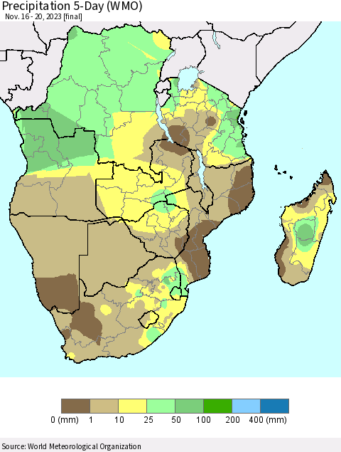 Southern Africa Precipitation 5-Day (WMO) Thematic Map For 11/16/2023 - 11/20/2023