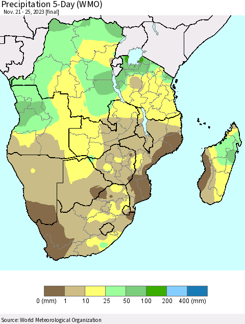 Southern Africa Precipitation 5-Day (WMO) Thematic Map For 11/21/2023 - 11/25/2023
