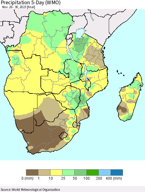 Southern Africa Precipitation 5-Day (WMO) Thematic Map For 11/26/2023 - 11/30/2023