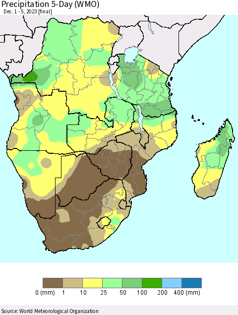 Southern Africa Precipitation 5-Day (WMO) Thematic Map For 12/1/2023 - 12/5/2023