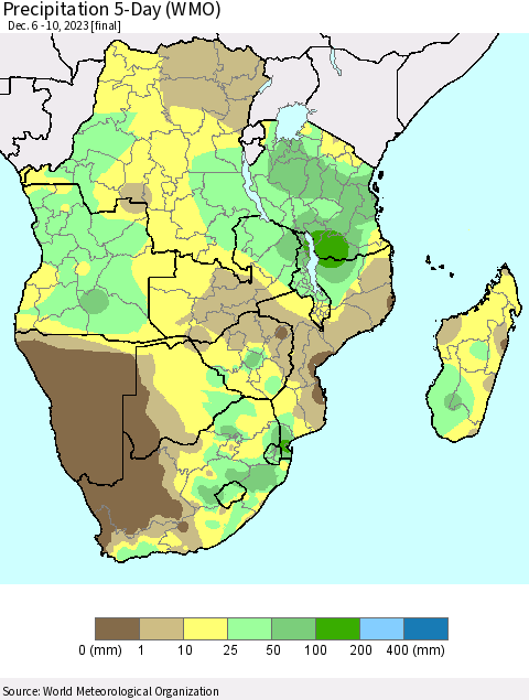 Southern Africa Precipitation 5-Day (WMO) Thematic Map For 12/6/2023 - 12/10/2023