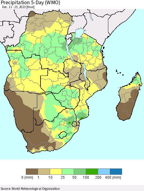 Southern Africa Precipitation 5-Day (WMO) Thematic Map For 12/11/2023 - 12/15/2023