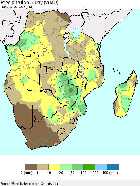 Southern Africa Precipitation 5-Day (WMO) Thematic Map For 12/16/2023 - 12/20/2023