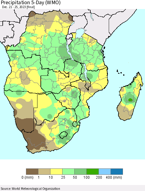 Southern Africa Precipitation 5-Day (WMO) Thematic Map For 12/21/2023 - 12/25/2023