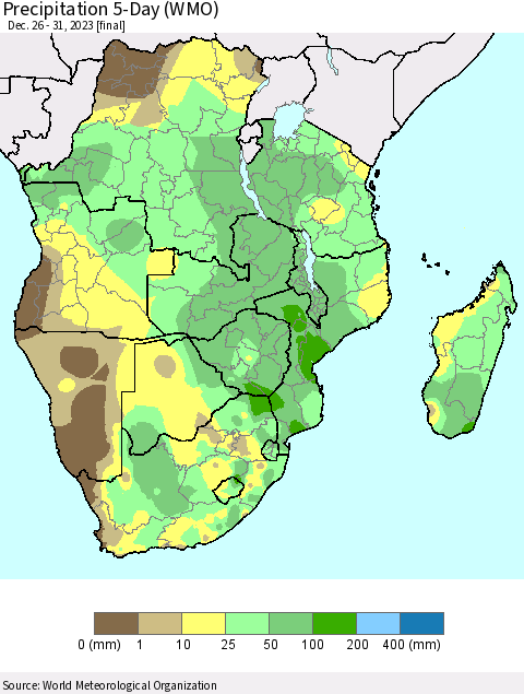 Southern Africa Precipitation 5-Day (WMO) Thematic Map For 12/26/2023 - 12/31/2023