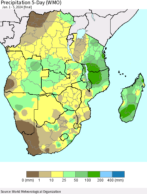 Southern Africa Precipitation 5-Day (WMO) Thematic Map For 1/1/2024 - 1/5/2024