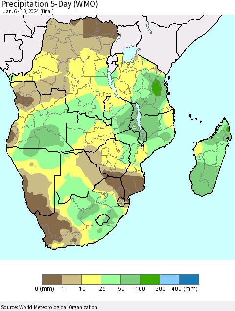 Southern Africa Precipitation 5-Day (WMO) Thematic Map For 1/6/2024 - 1/10/2024