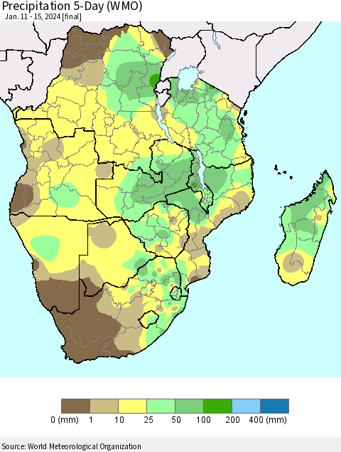 Southern Africa Precipitation 5-Day (WMO) Thematic Map For 1/11/2024 - 1/15/2024