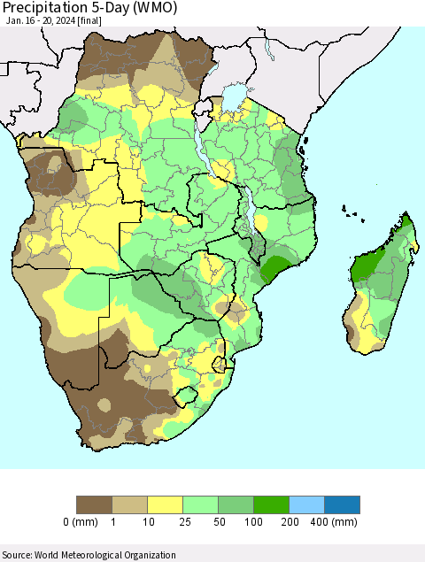 Southern Africa Precipitation 5-Day (WMO) Thematic Map For 1/16/2024 - 1/20/2024