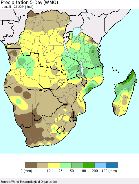 Southern Africa Precipitation 5-Day (WMO) Thematic Map For 1/21/2024 - 1/25/2024