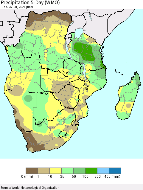 Southern Africa Precipitation 5-Day (WMO) Thematic Map For 1/26/2024 - 1/31/2024
