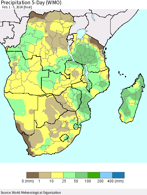 Southern Africa Precipitation 5-Day (WMO) Thematic Map For 2/1/2024 - 2/5/2024