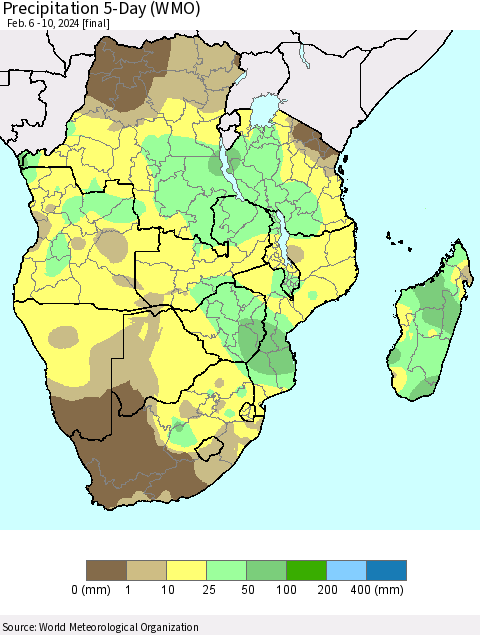 Southern Africa Precipitation 5-Day (WMO) Thematic Map For 2/6/2024 - 2/10/2024