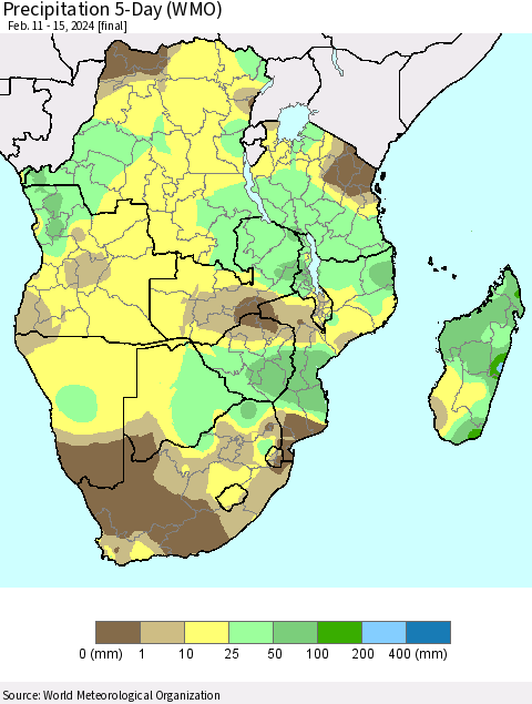 Southern Africa Precipitation 5-Day (WMO) Thematic Map For 2/11/2024 - 2/15/2024
