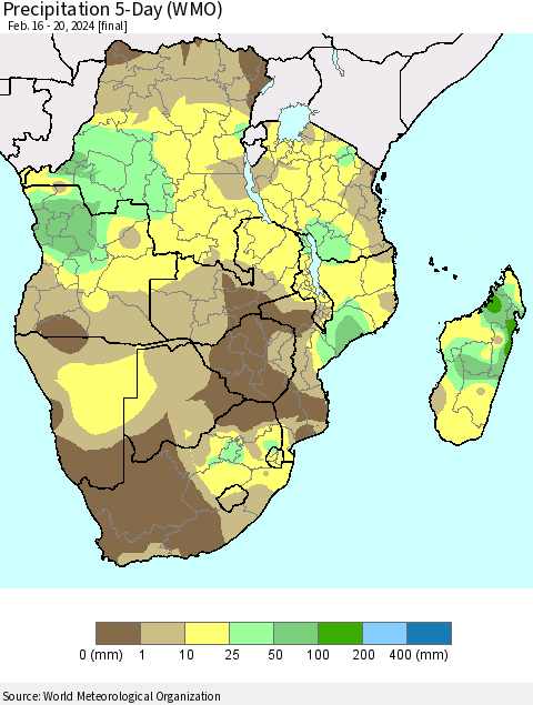 Southern Africa Precipitation 5-Day (WMO) Thematic Map For 2/16/2024 - 2/20/2024
