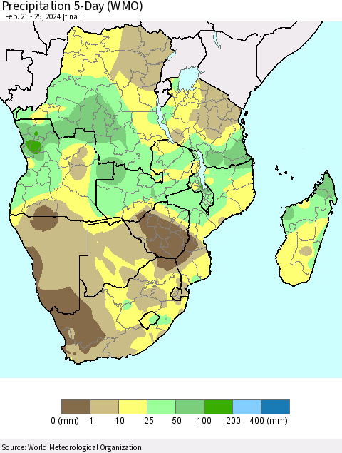 Southern Africa Precipitation 5-Day (WMO) Thematic Map For 2/21/2024 - 2/25/2024