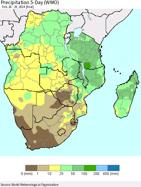 Southern Africa Precipitation 5-Day (WMO) Thematic Map For 2/26/2024 - 2/29/2024