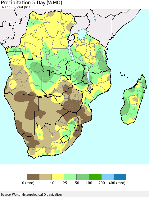 Southern Africa Precipitation 5-Day (WMO) Thematic Map For 3/1/2024 - 3/5/2024
