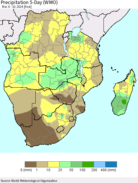 Southern Africa Precipitation 5-Day (WMO) Thematic Map For 3/6/2024 - 3/10/2024